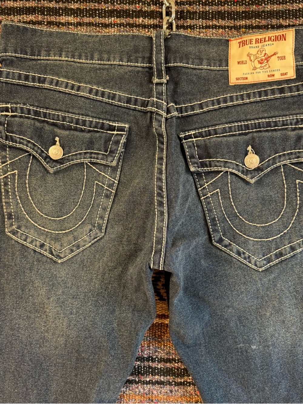 True Religion Ricky Relaxed Straight Jeans 33 Dark Wash White Big T Stitching